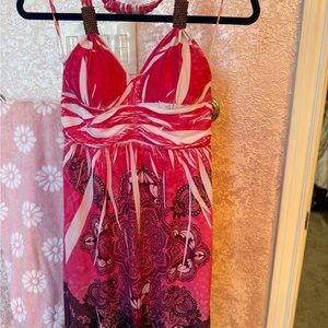 Pink and White Halter Midi Dress